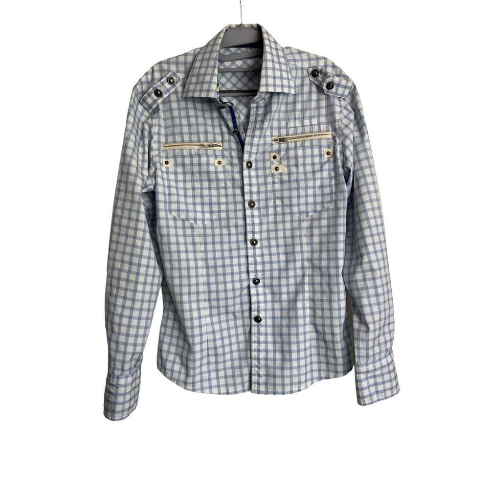 Toku Shirt Mens SZ Small Checkered Print Button-Up Long Sleeve Blue and White